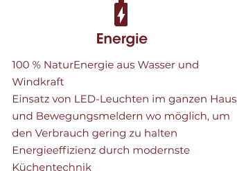 Energie 	100 % NaturEnergie aus Wasser und Windkraft 	Einsatz von LED-Leuchten im ganzen Haus und Bewegungsmeldern wo möglich, um den Verbrauch gering zu halten 	Energieeffizienz durch modernste Küchentechnik