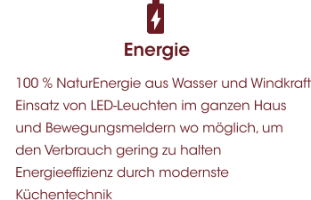 Energie 	100 % NaturEnergie aus Wasser und Windkraft 	Einsatz von LED-Leuchten im ganzen Haus und Bewegungsmeldern wo möglich, um den Verbrauch gering zu halten 	Energieeffizienz durch modernste Küchentechnik